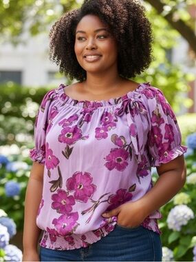 APT 9 PURPLE FLORAL PUFF SLEEVE BOW DETAIL BOHO RUFFLE PEASANT BLOUSE SIZE XL